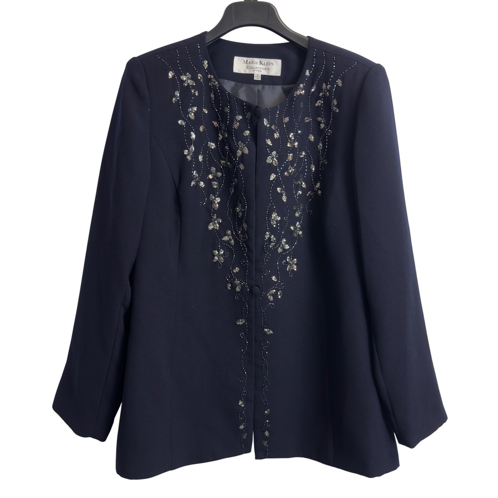 Maxie Klein Collection Navy Blue Beaded Sequin Evening Jacket Blazer Size 18